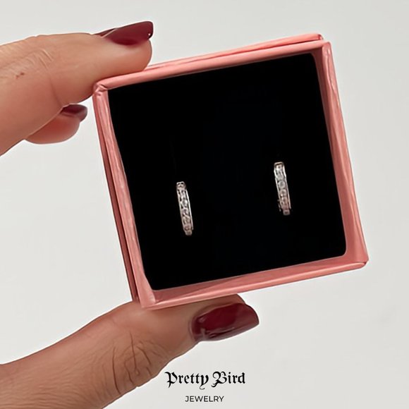 Moissanite Huggie Earrings Platinum Plated over Sterling Silver - Picture 2 of 2